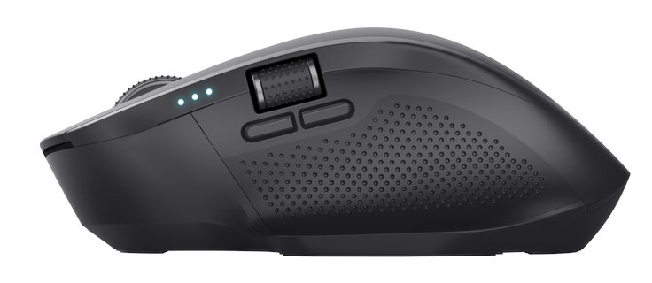 Czarna mysz komputerowa z różnymi przyciskami i kółkiem przewijania.