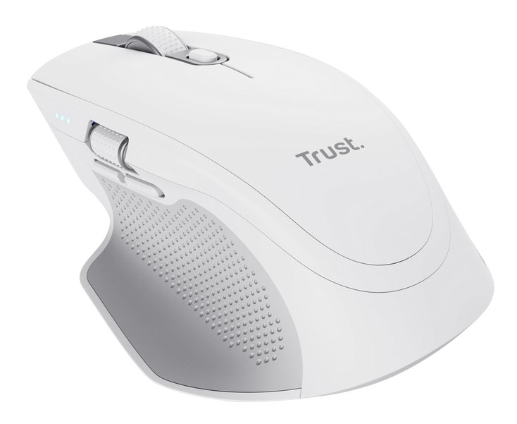Biała i szara ergonomiczna mysz komputerowa z logo Trust.