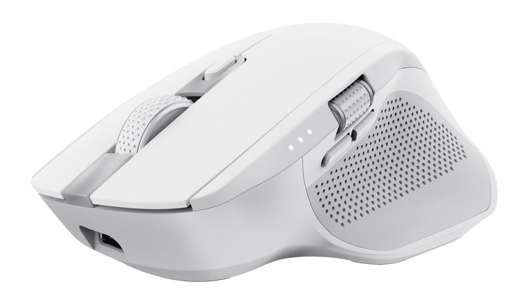 Biała mysz bezprzewodowa. Posiada przyciski i kółko przewijania. Bok ma perforowaną konstrukcję.