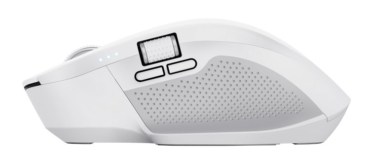 Biała mysz bezprzewodowa z przyciskami i kółkiem przewijania, widok z boku.