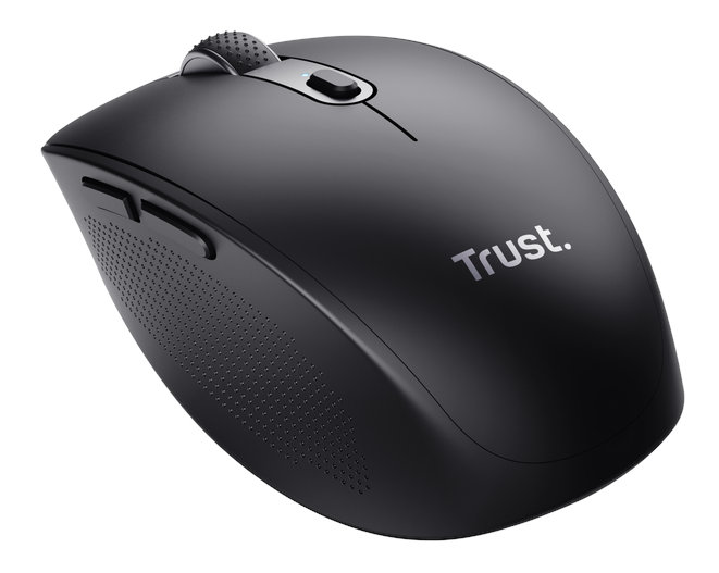 Czarna mysz bezprzewodowa z kółkiem przewijania i przyciskiem, marka Trust.