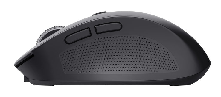 Czarna bezprzewodowa mysz komputerowa z przyciskami i kółkiem przewijania na białym tle.