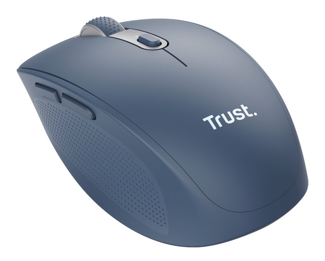 Niebieska mysz bezprzewodowa z kółkiem przewijania i przyciskami, z marką 'Trust'.