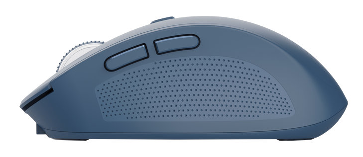 Widok z boku niebieskiej myszy komputerowej z kółkiem przewijania i przyciskami.