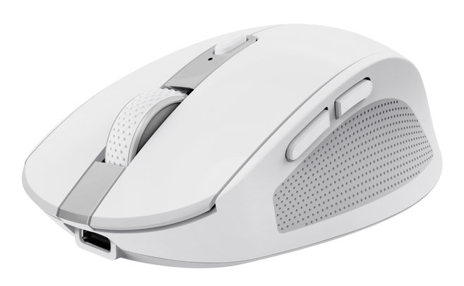 Biała i szara mysz bezprzewodowa z przyciskami i kółkiem przewijania.
