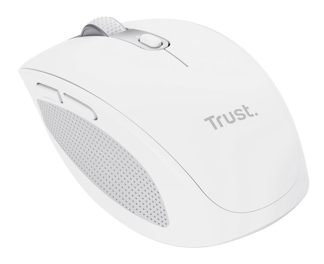 Biała mysz bezprzewodowa z kółkiem przewijania i logo Trust.