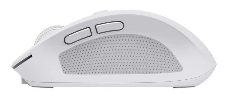 Biała mysz komputerowa z dwoma przyciskami i kółkiem przewijania. Widok z boku, pokazujący kształt myszy.