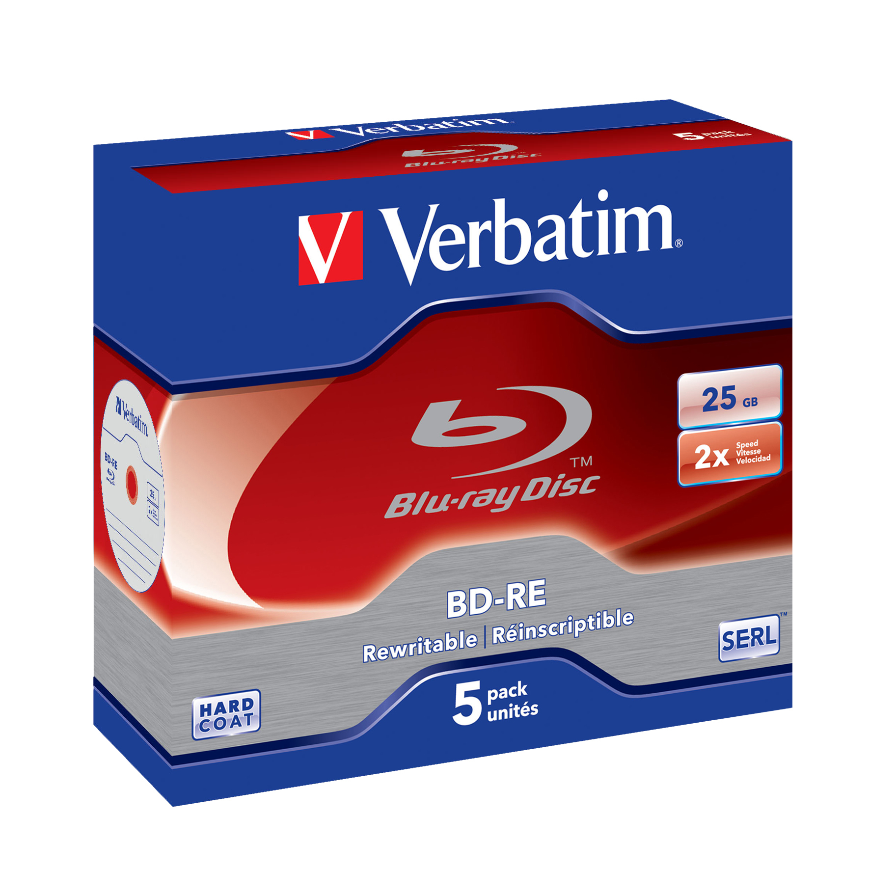 Eine blau-rote Verbatim Blu-ray Disc-Box. Sie hat eine Scheibengrafik und den Text 'BD-RE'.