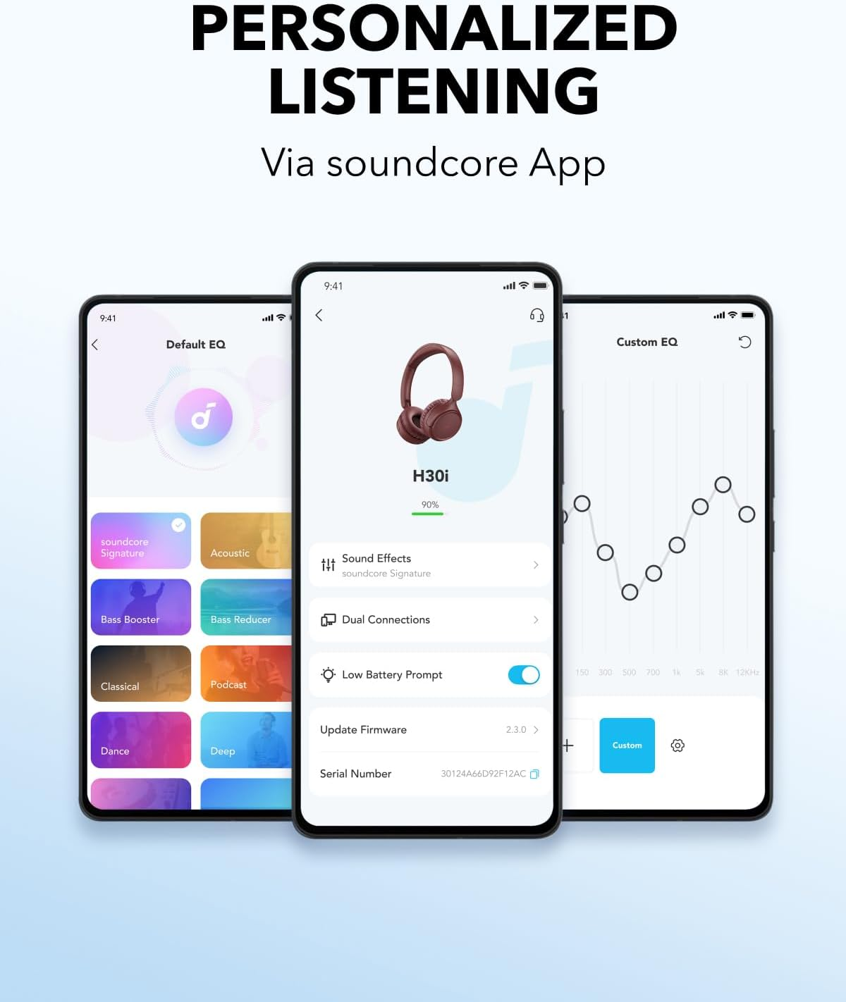 Kulaklık seçenekleriyle soundcore uygulamasını gösteren üç telefon ekranı.