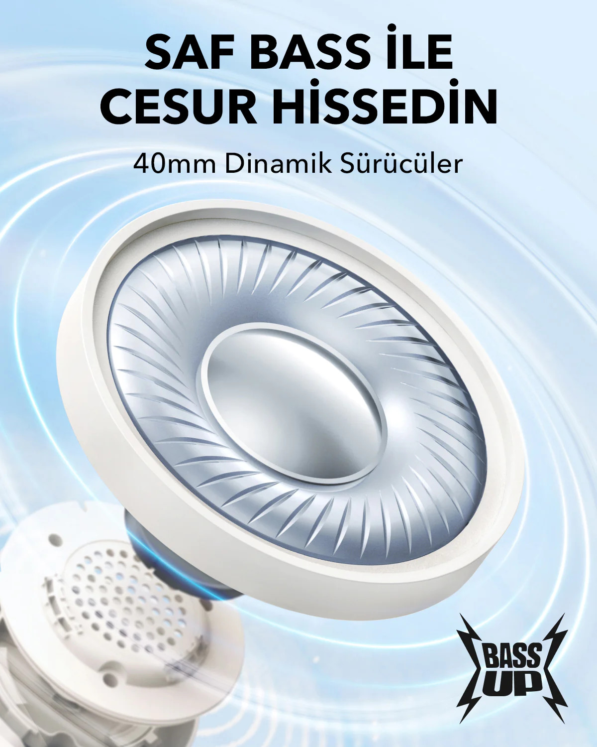 Beyaz dış halkası ve gümüş rengi merkezi olan bir kulaklık hoparlörü.