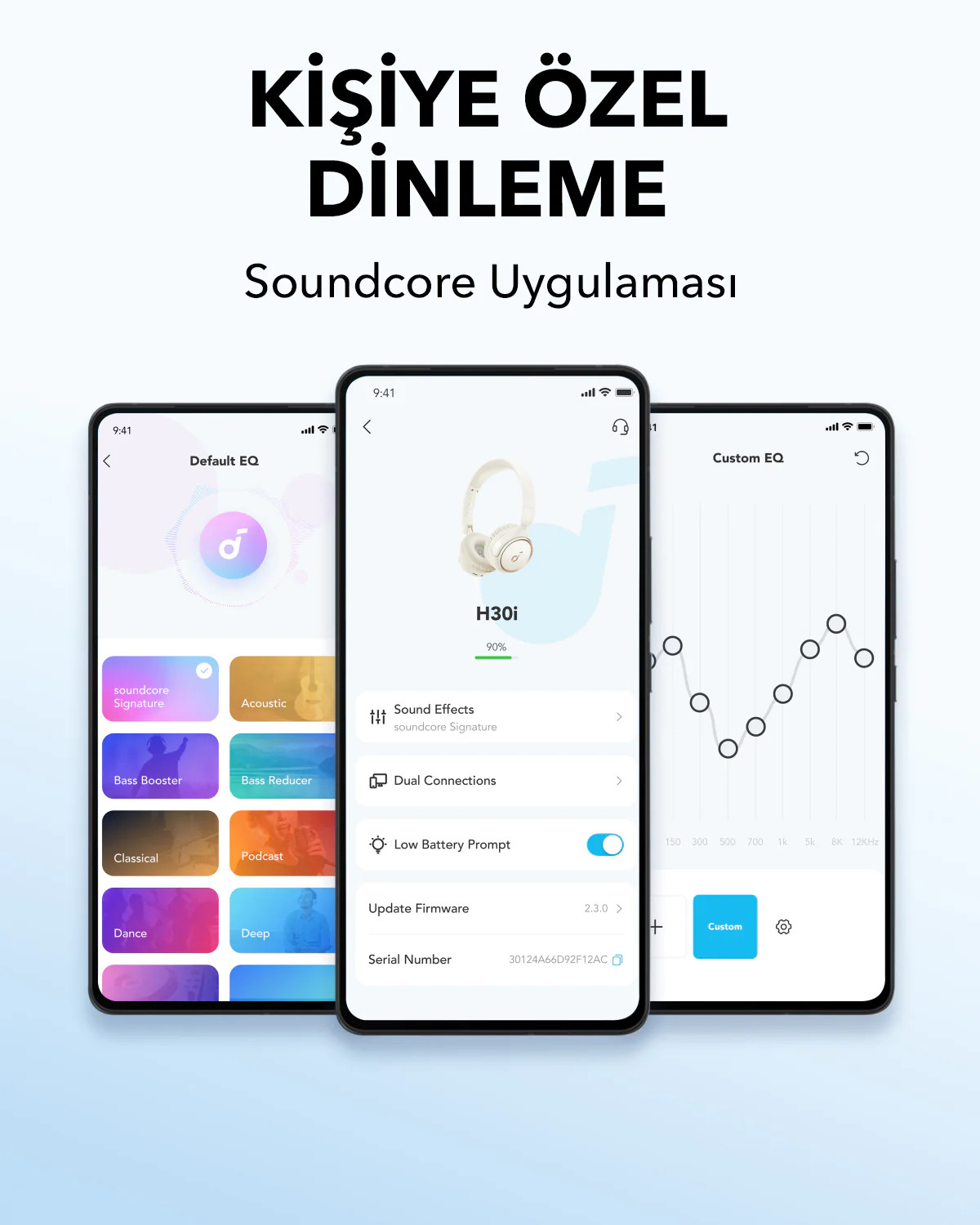 Kişiselleştirilmiş dinleme için farklı soundcore uygulama arayüzlerini gösteren cep telefonu ekranları.