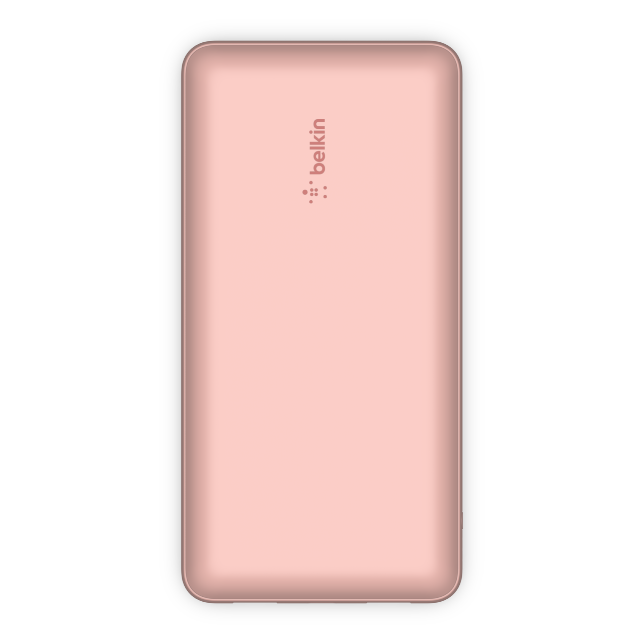 Pembe altın rengi Belkin powerbank, yuvarlak kenarlı dikdörtgen, beyaz arka plan üzerinde.