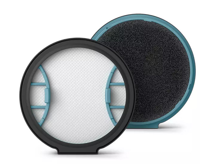 Zestaw filtrów do odkurzacza: czarna i turkusowa rama z filtrami. Biały filtr wewnątrz, czarny filtr.