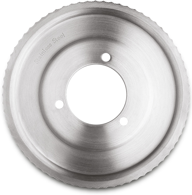 Okrągłe ostrze piły ze stali nierdzewnej z centralnym otworem i dwoma mniejszymi otworami, z napisem 'Stal nierdzewna'.