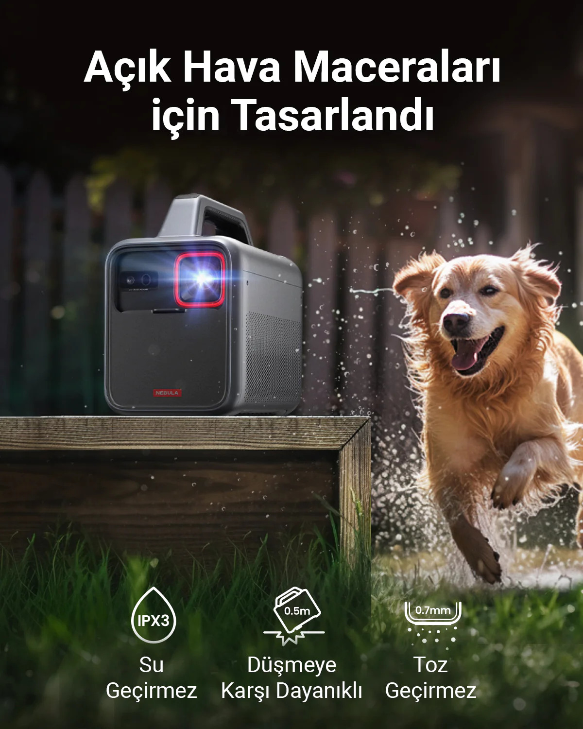 Ahşap bir güvertede bir projektör, arka planda koşan bir köpek. Türkçe metin.