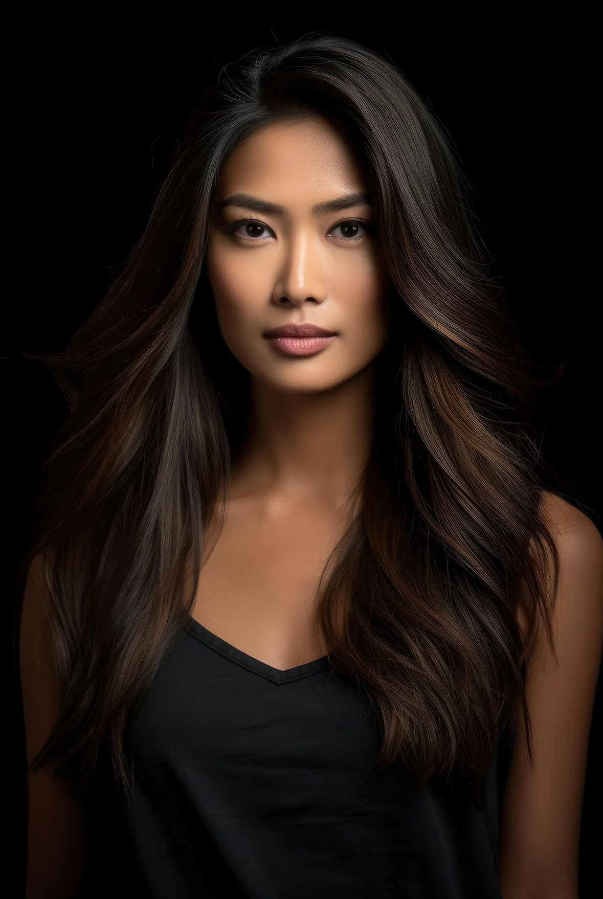 Kobieta z długimi, ciemnymi włosami. Patrzy w kamerę. Czarny top i czarne tło.