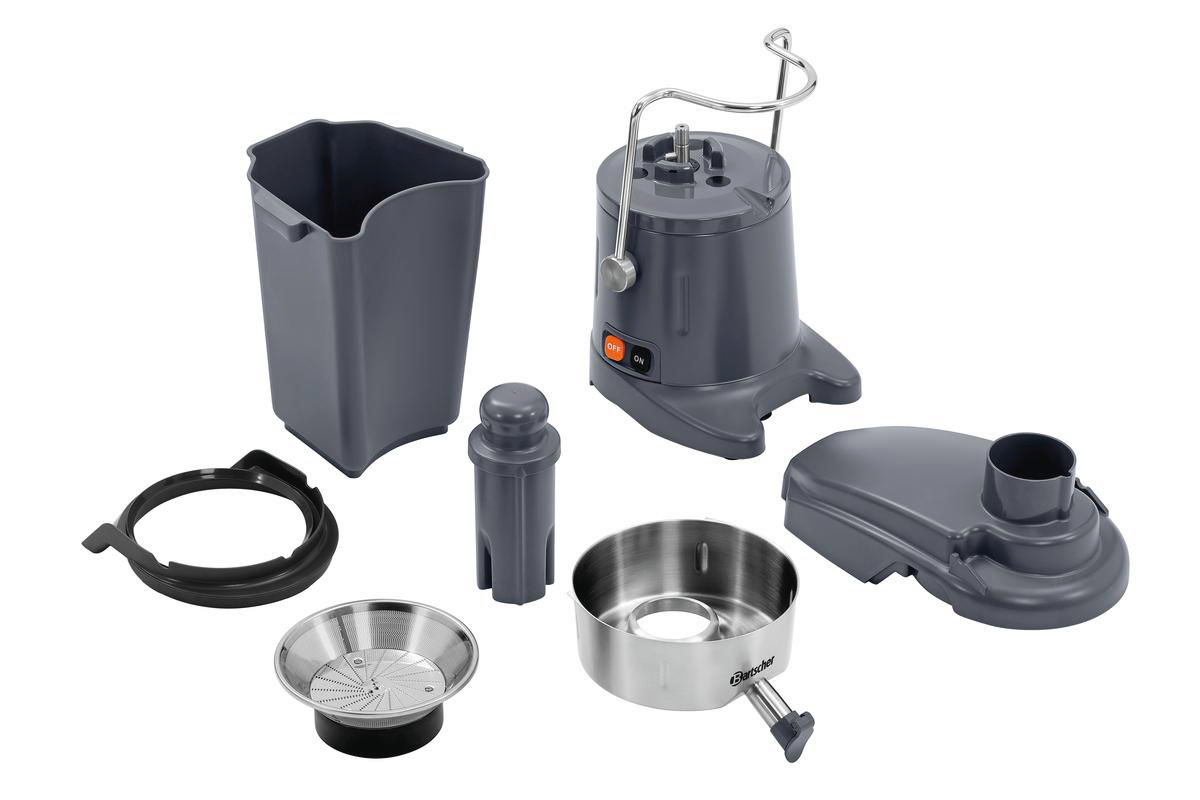 Zerlegte graue Entsafterteile: Basis, Behälter, Deckel, Filter und Auffangbecher. Der Entsafter hat einen Griff und einen Ein-/Ausschalter.