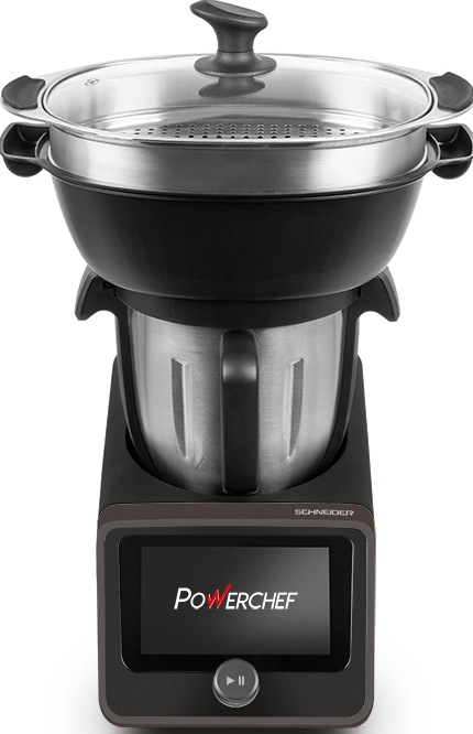 Schwarzes Schneider PowerChef Küchengerät mit Digitalanzeige und Dampfgarer.