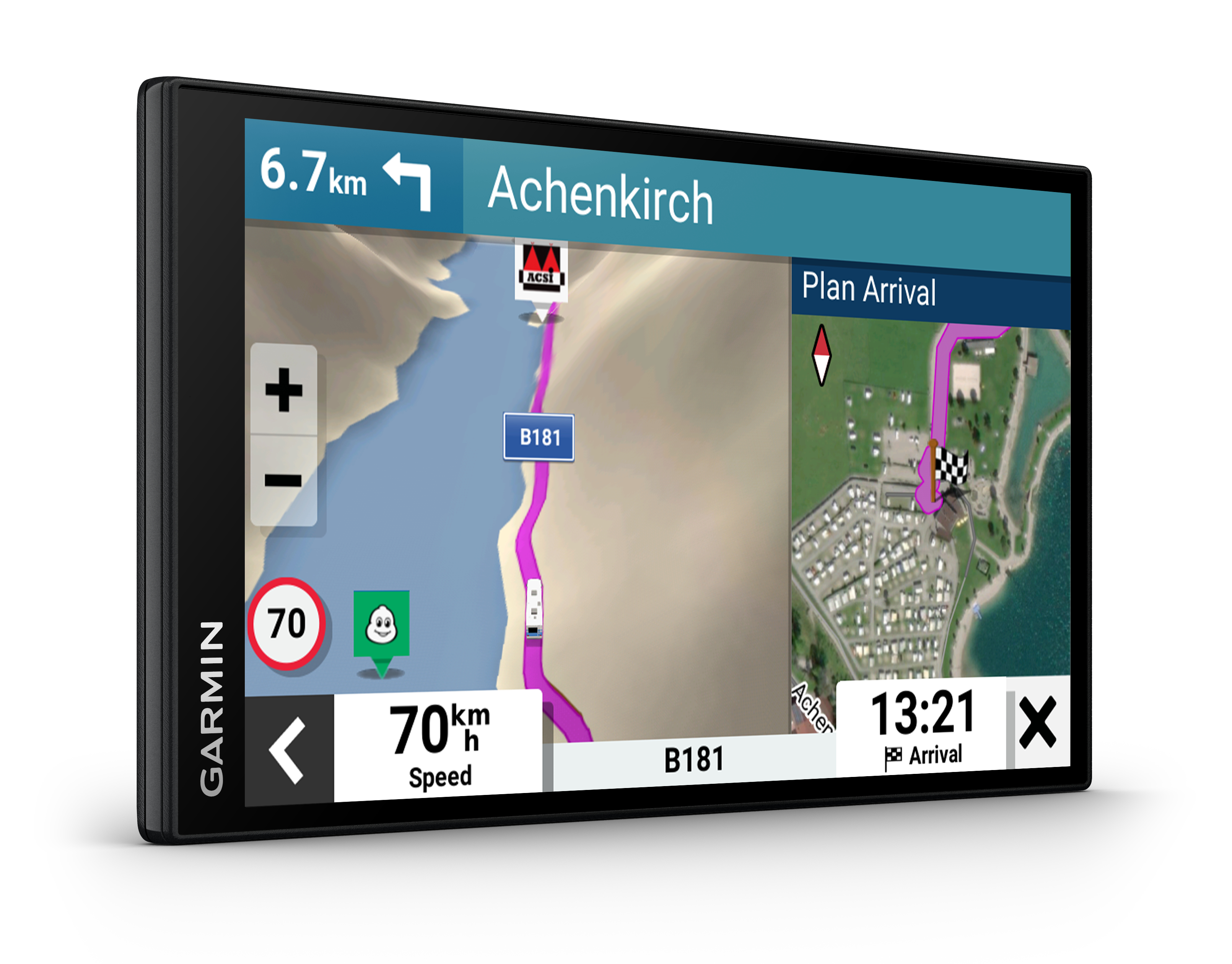 Ein Auto-Navigationsbildschirm, der eine Route und Kartendetails anzeigt.