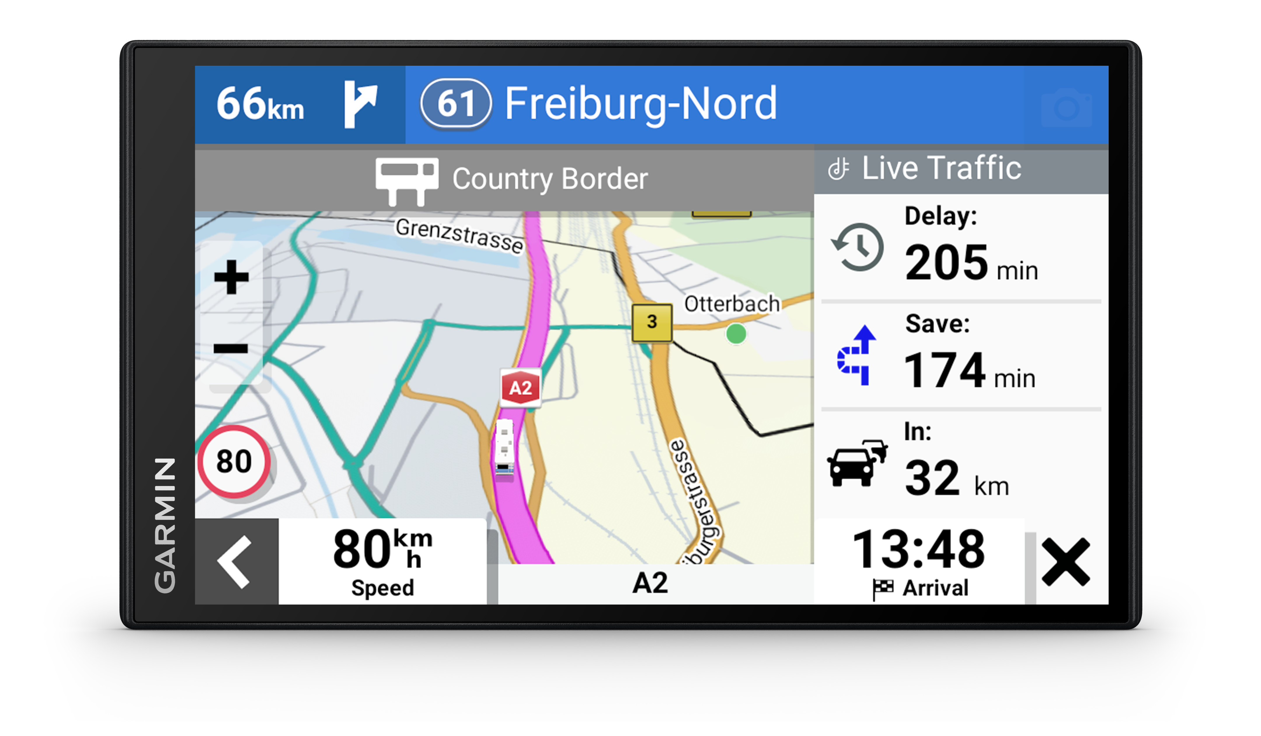GPS-Gerät-Bildschirm zeigt eine Karte mit Navigationsdetails und Verkehrsinformationen mit schwarzem Rahmen.