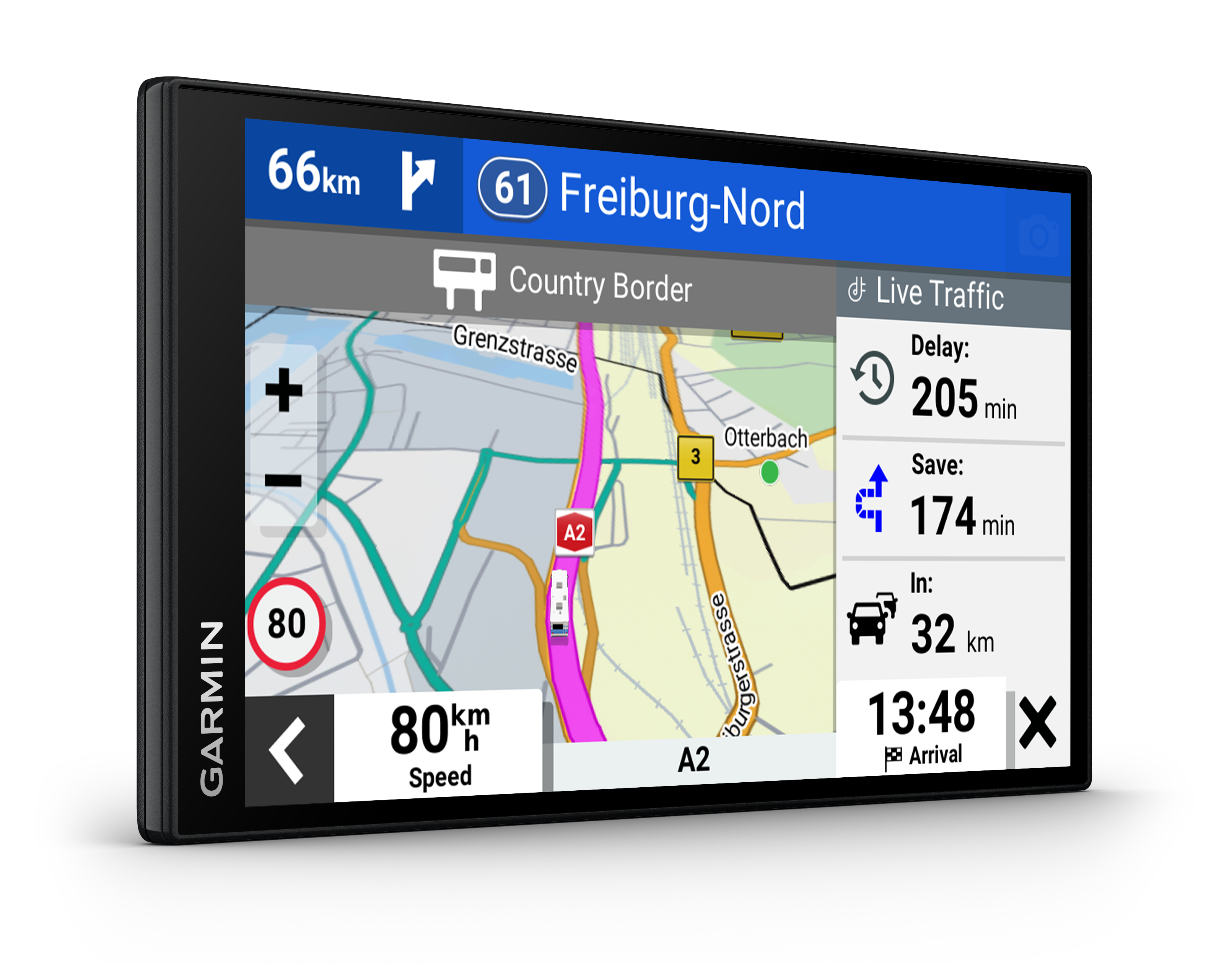 Garmin-Navi-Bildschirm mit einer Karte mit Wegbeschreibungen. Zeigt Geschwindigkeit, Zeit und Entfernung an.