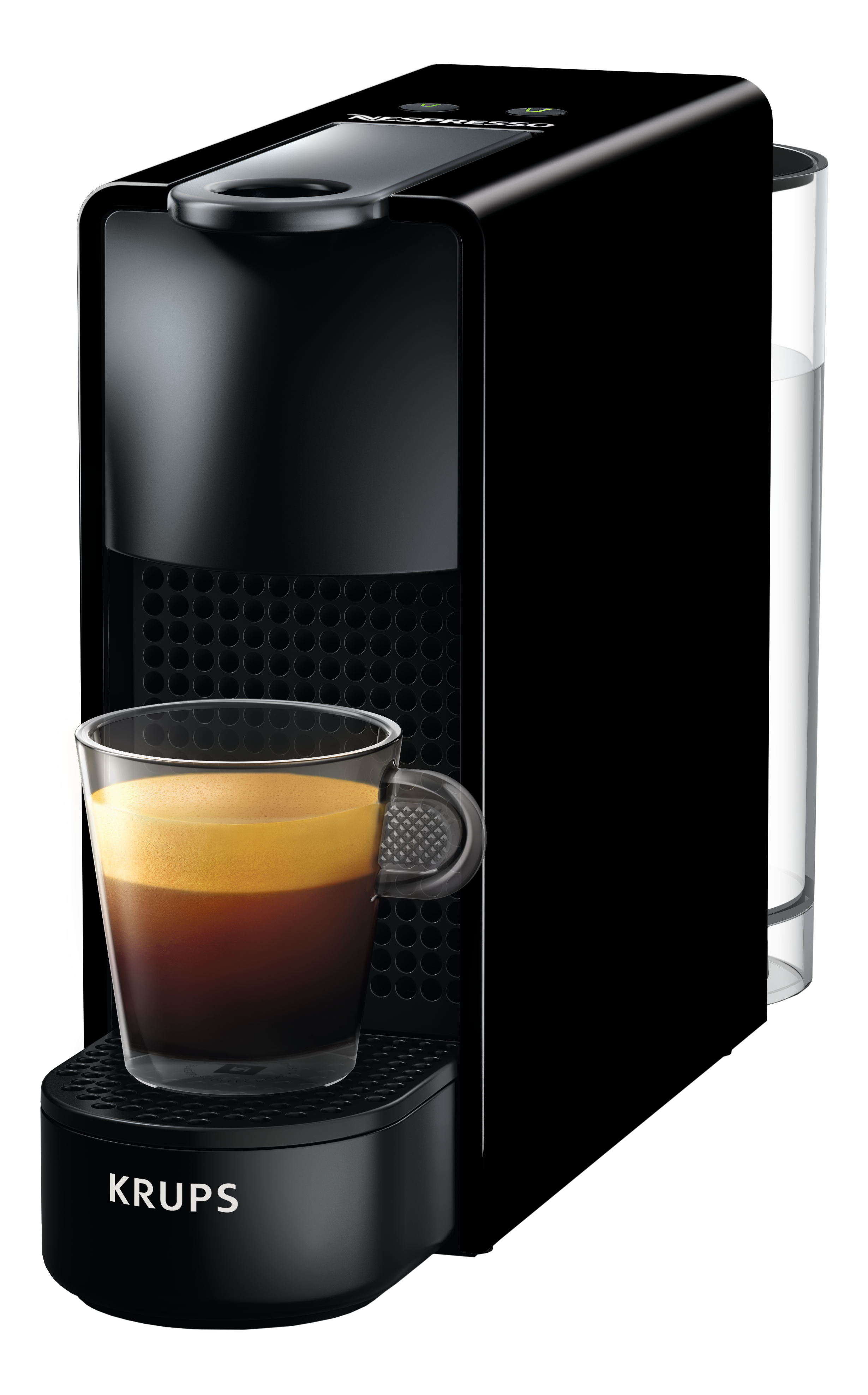 Schwarze Krups Nespresso Kaffeemaschine mit einer Glastasse Kaffee davor.