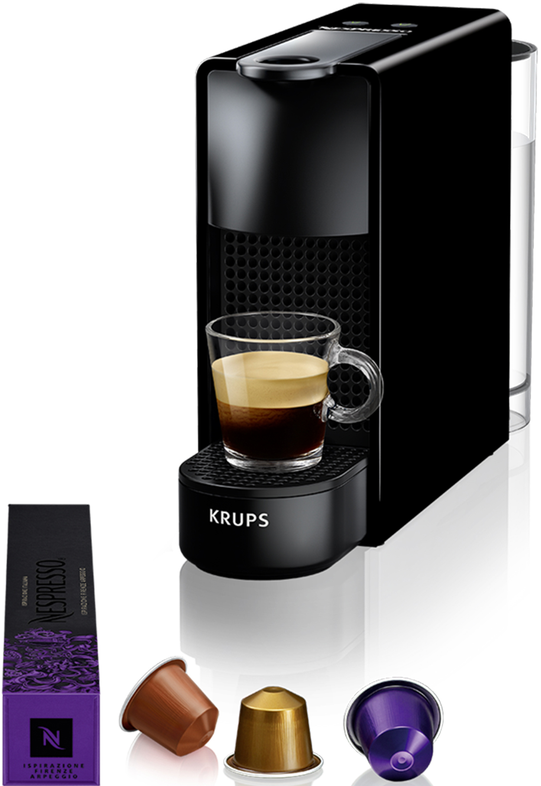 Eine schwarze Krups Nespresso-Maschine mit einer Tasse Kaffee. Kaffeekapseln sind ebenfalls vorhanden.