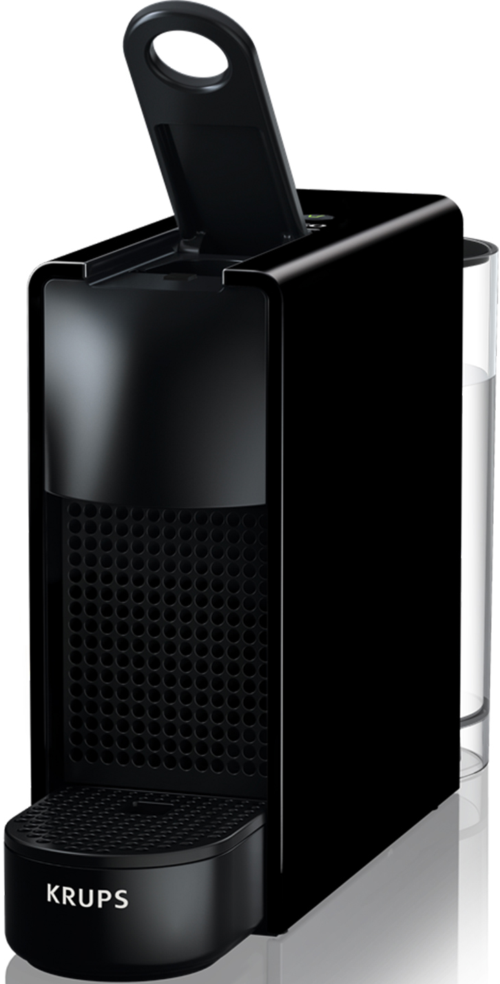 Eine schwarze Krups Espressomaschine mit offenem Deckel und Wassertank.