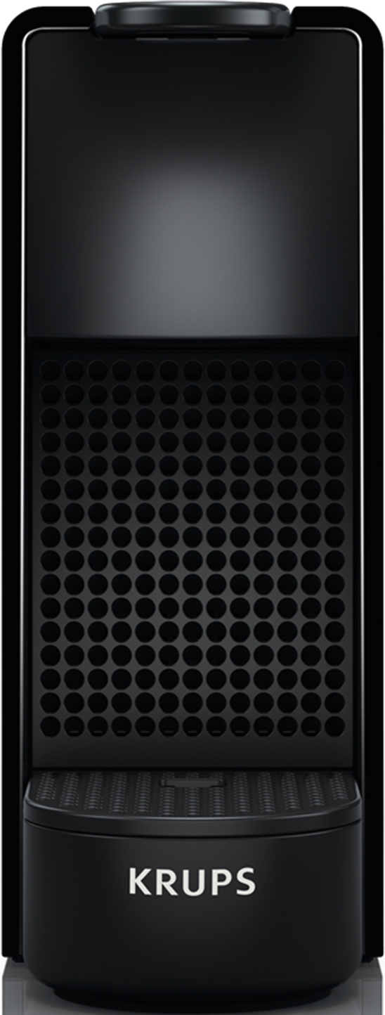Eine schwarze Krups Kaffeemaschine mit zylindrischem Körper und einer Frontplatte mit Löchern.