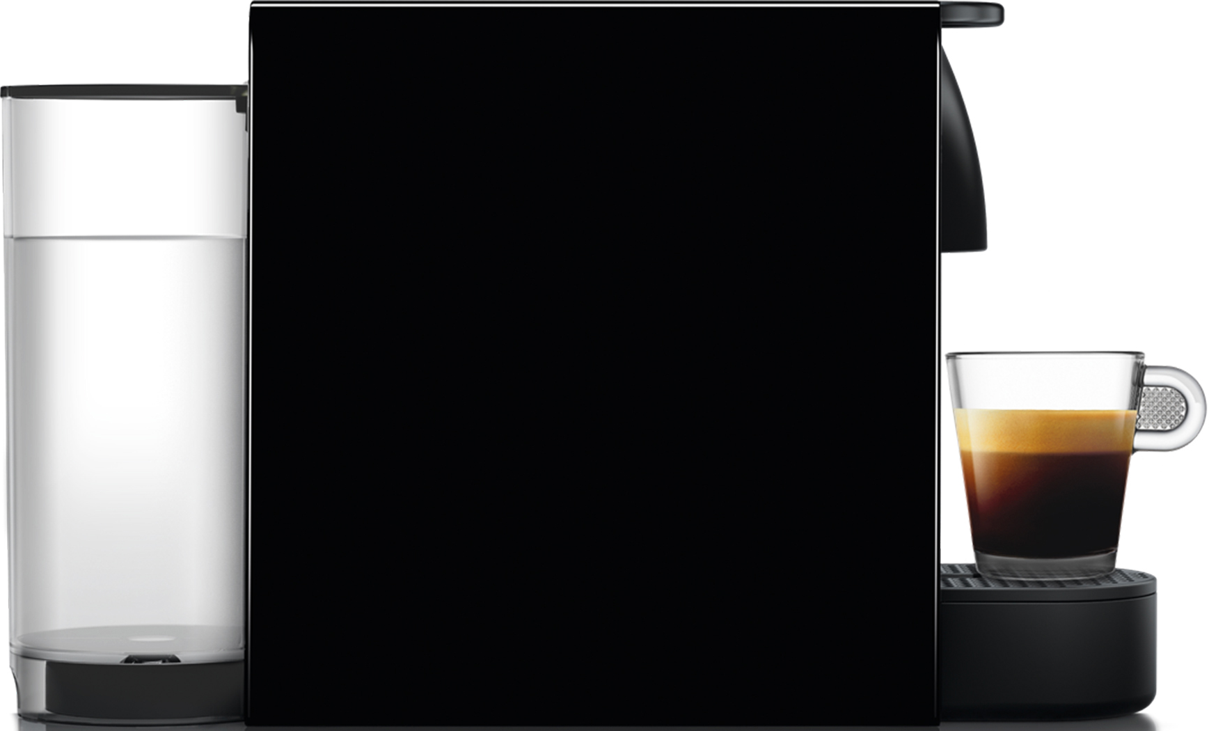 Schwarze Espressomaschine mit Wassertank und Kaffeetasse.