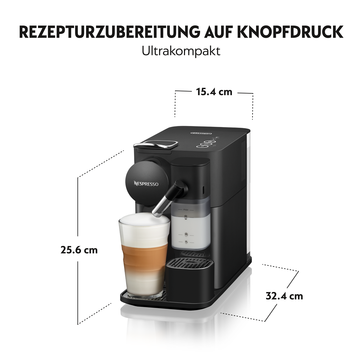 Schwarze Nespresso-Maschine mit Glas, Latte und Abmessungen in cm.
