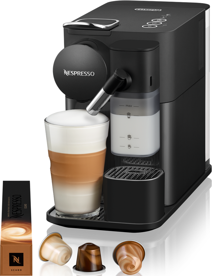 Schwarze Nespresso-Maschine mit Latte und Kapseln.