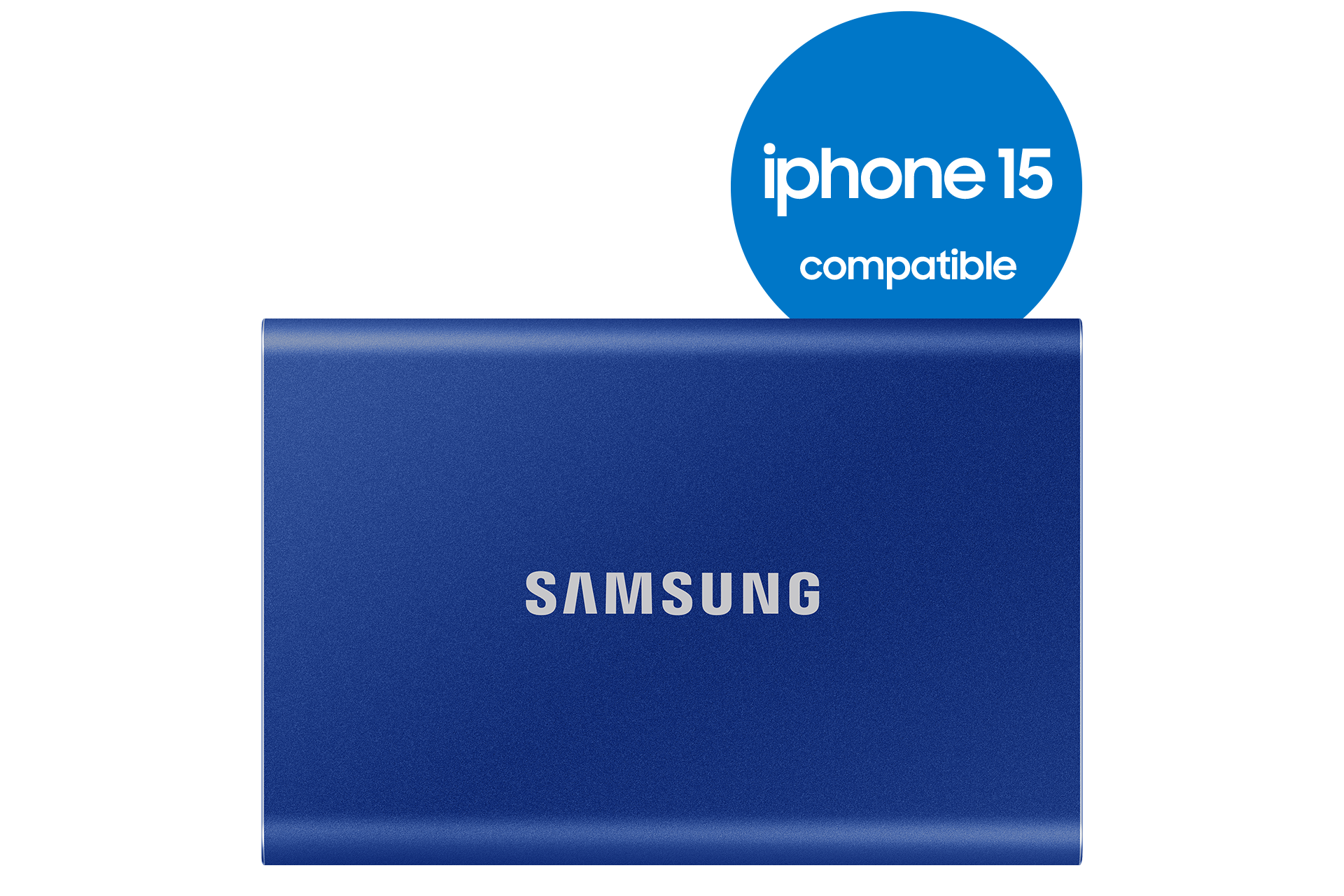 SSD portable Samsung bleu. Cercle bleu avec texte 'iPhone 15 compatible'.