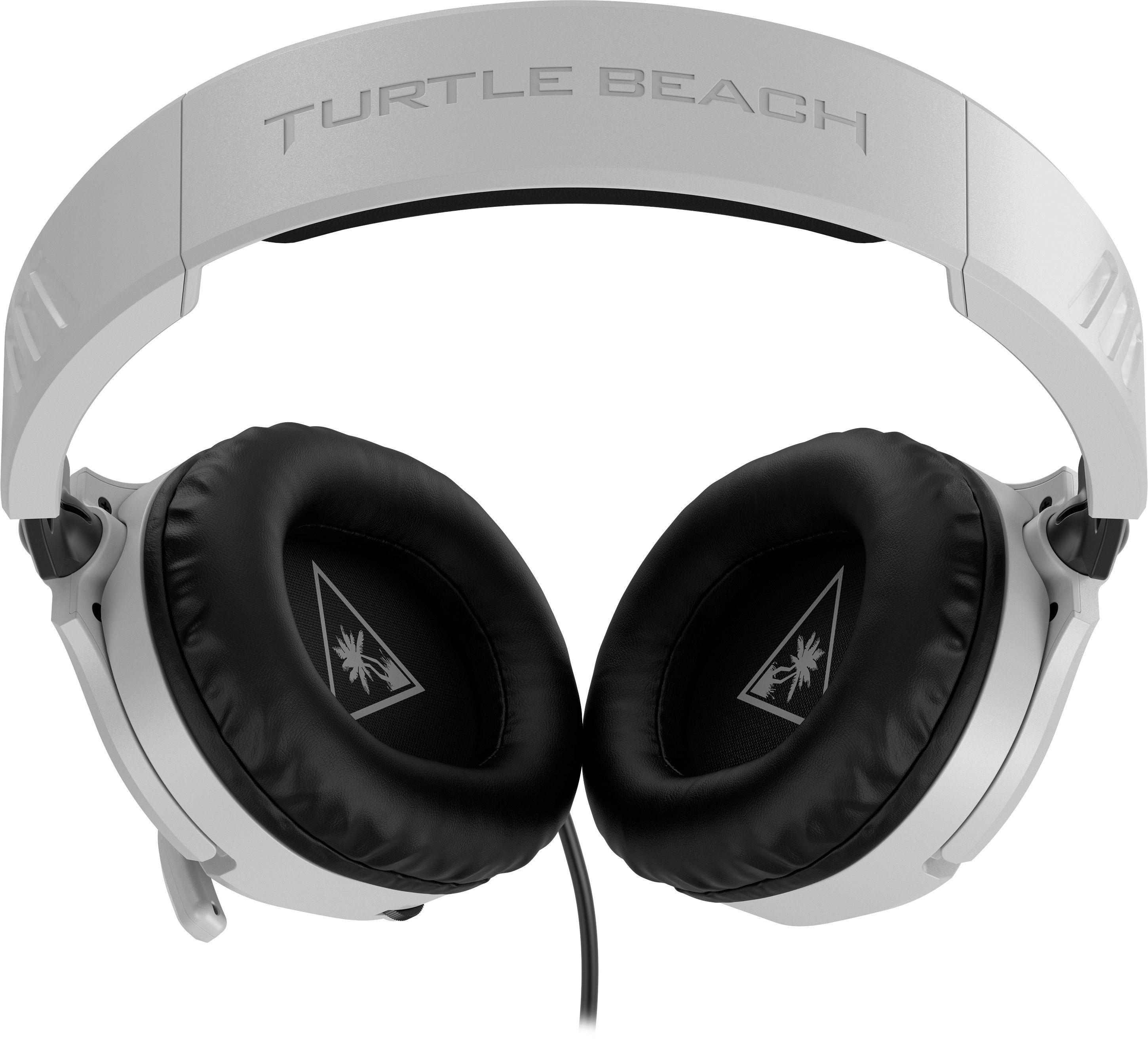 Weißes Turtle Beach Headset mit schwarzen Ohrmuscheln, schräge Ansicht.