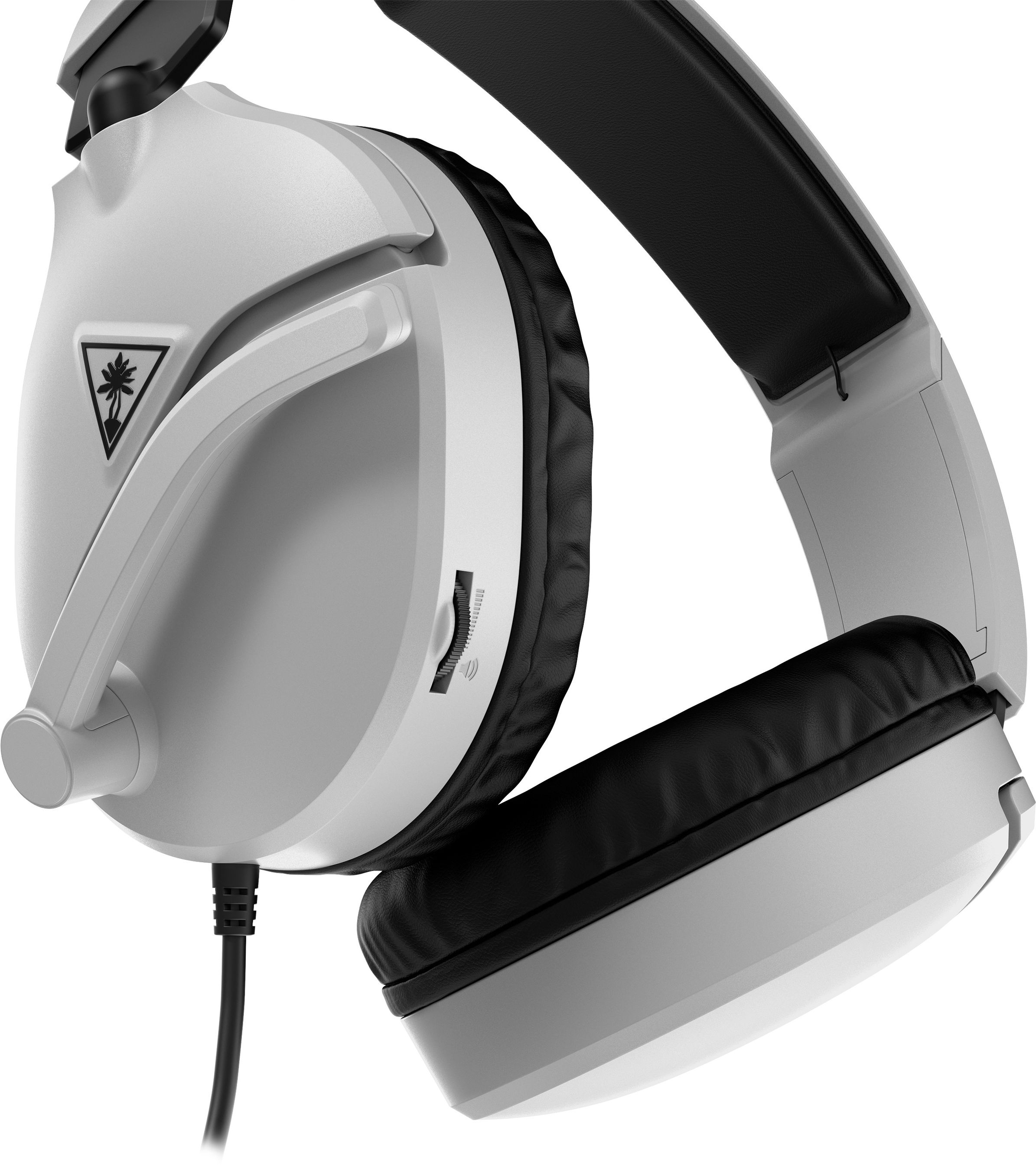 Weißes Gaming-Headset mit schwarzen Akzenten und Mikrofon, isoliert auf Weiß.