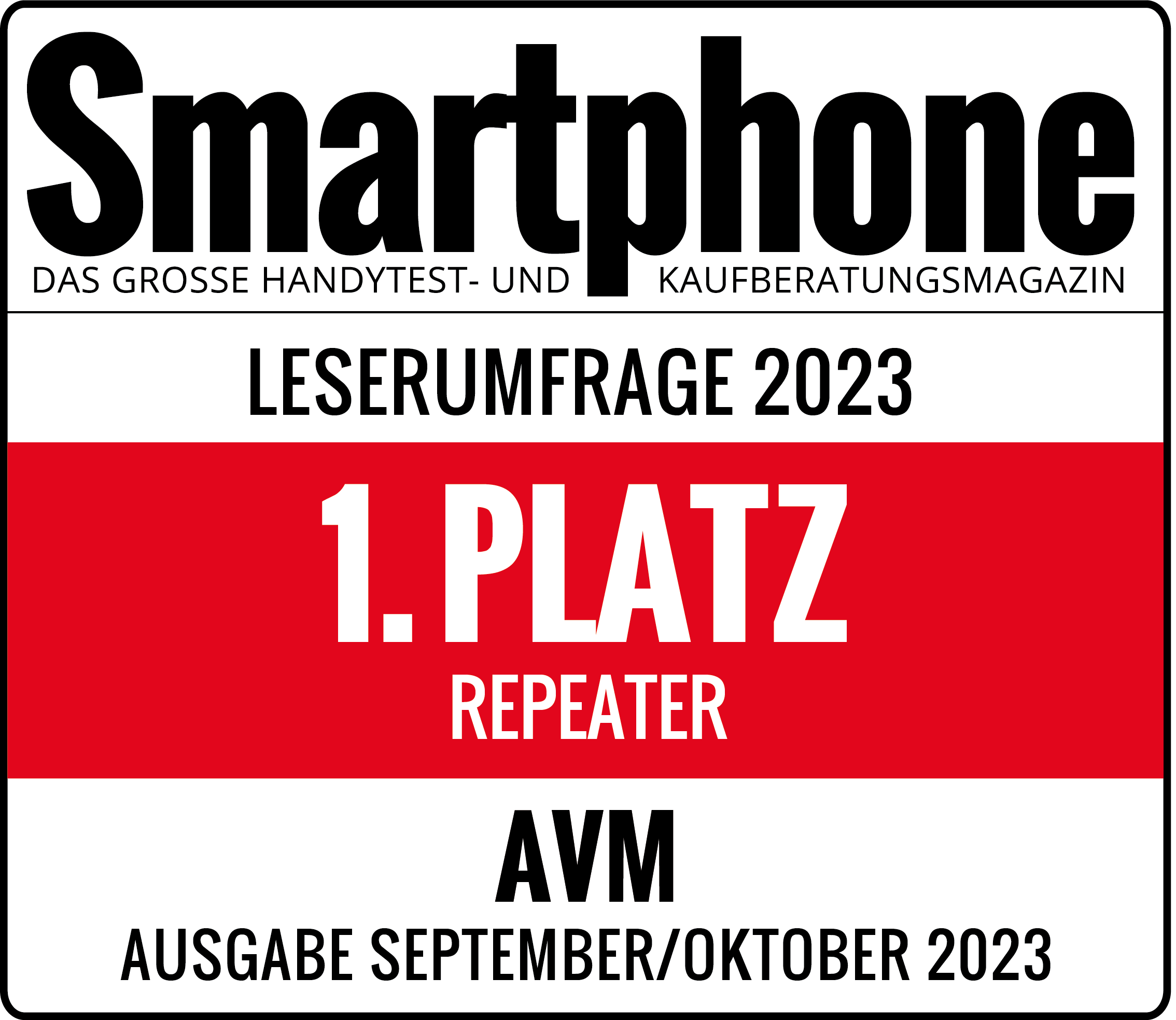 Magazin-Cover, rotes Banner mit Text: 1. Platz Repeater, AVM.