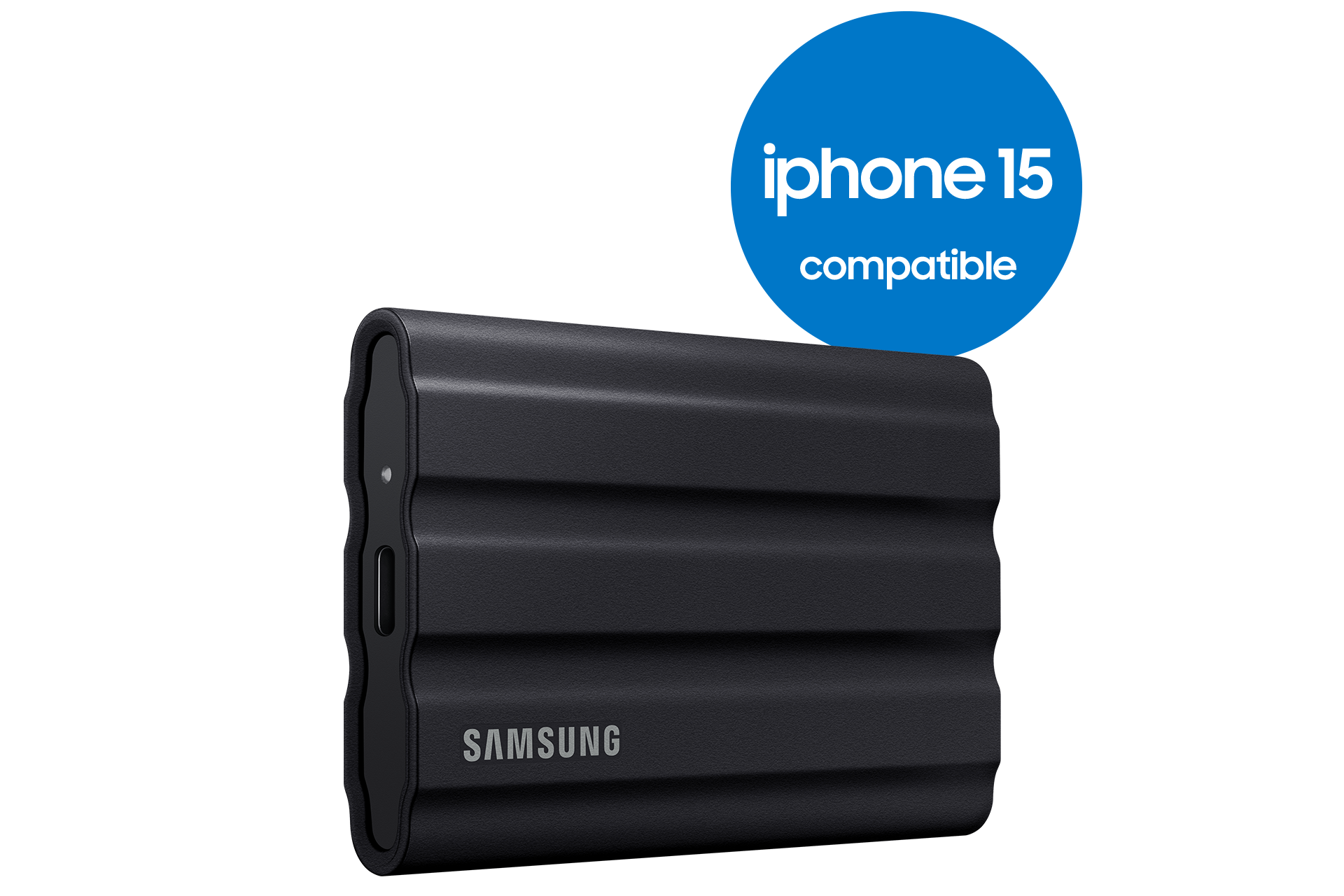 A black Samsung external hard drive with a blue circle stating 'iPhone 15 compatible'.
