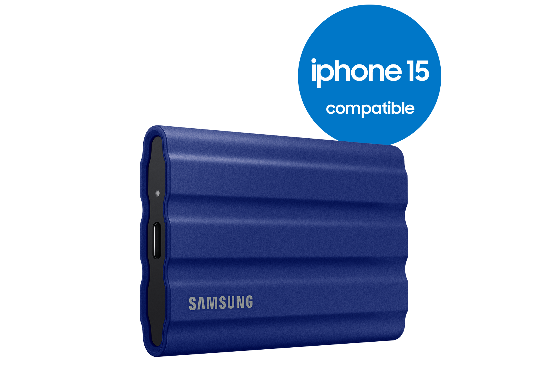 Blue portable hard drive with the Samsung logo and an iPhone 15 compatibility tag.
