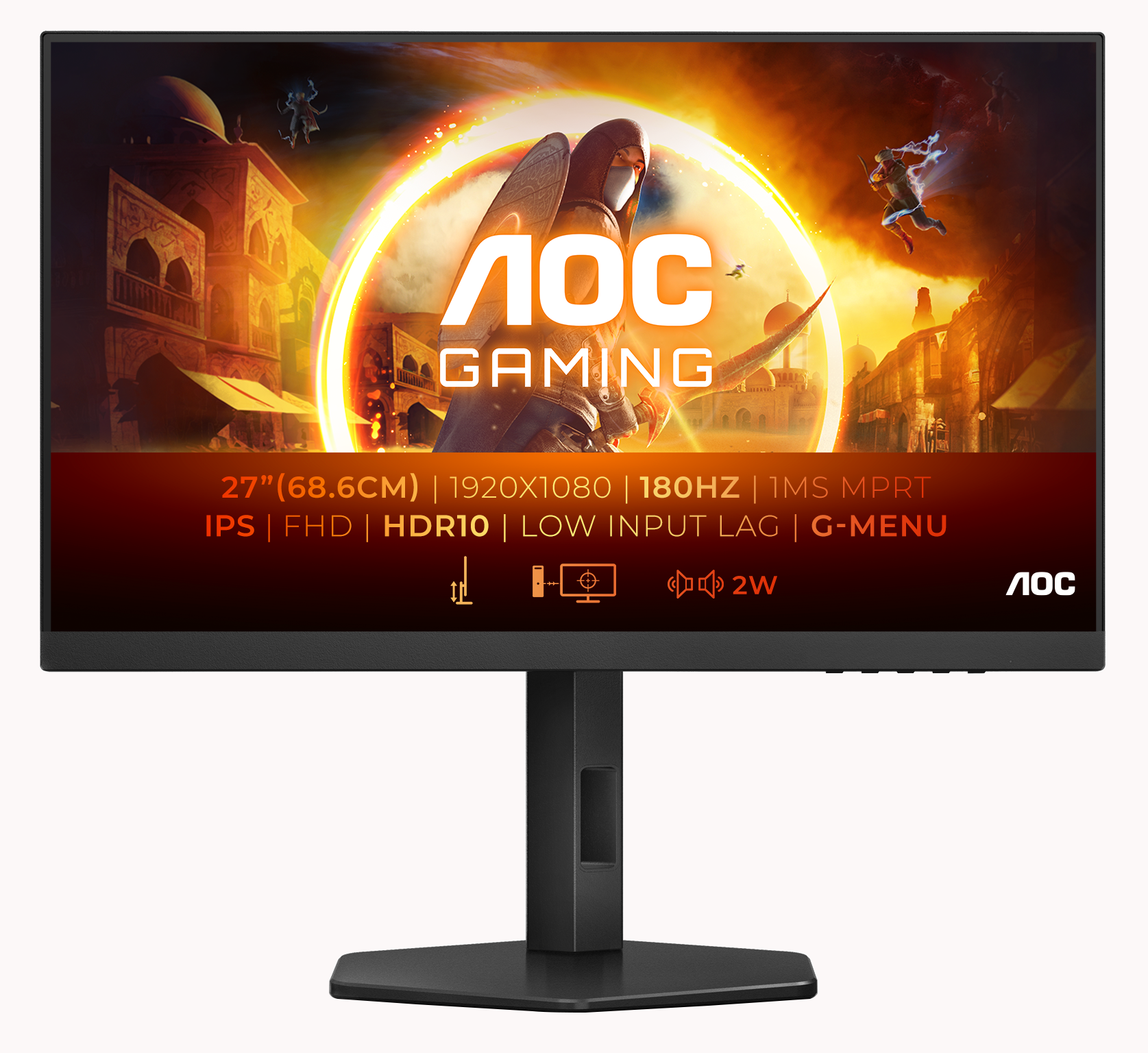 AOC Gaming Monitor. Schwarzer Rahmen, 27-Zoll-Display, mit unten aufgeführten Gaming-Spezifikationen.