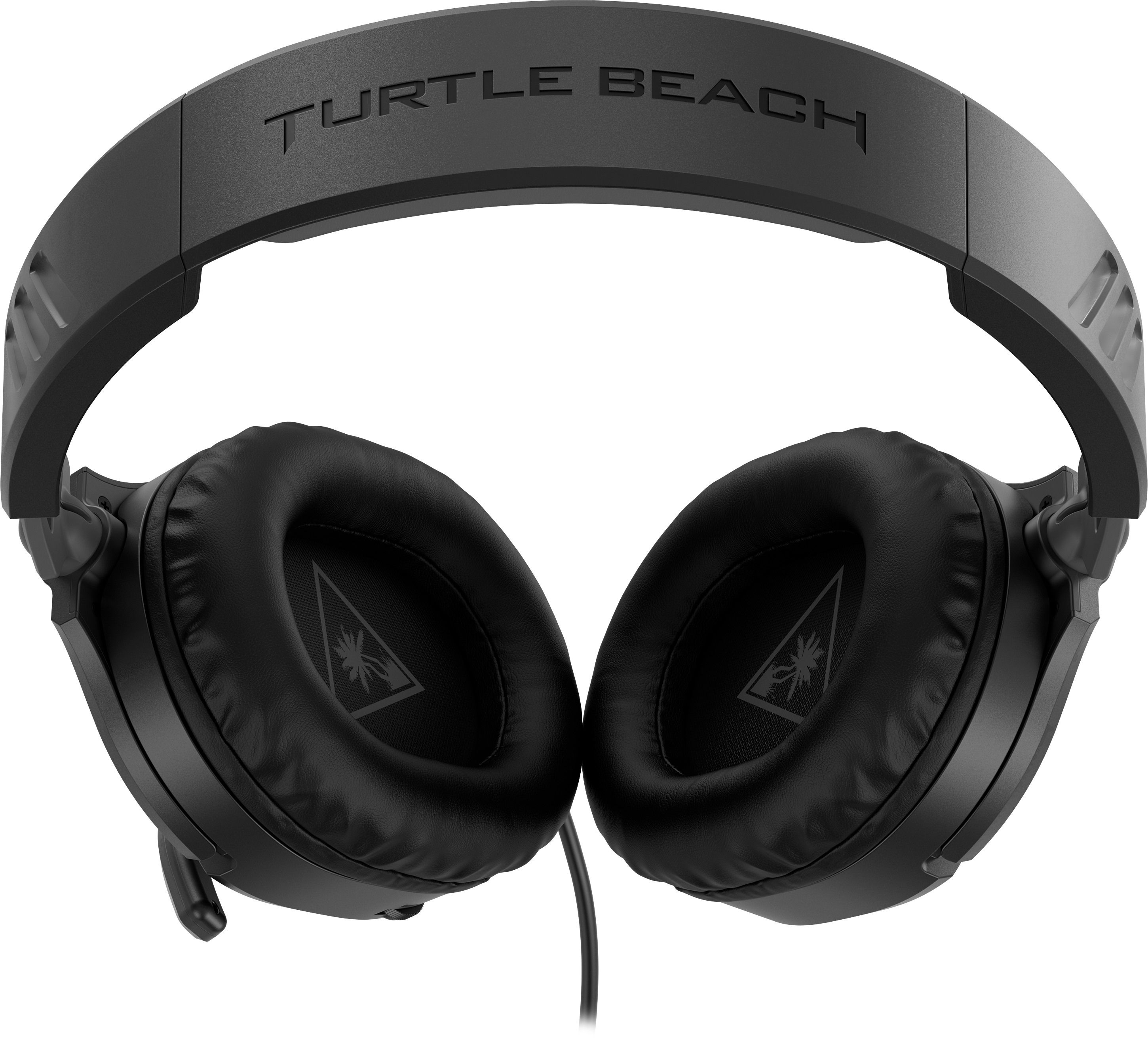 Schwarze Turtle Beach Kopfhörer. Der Markenname steht auf dem Bügel. Ohrmuscheln sichtbar.