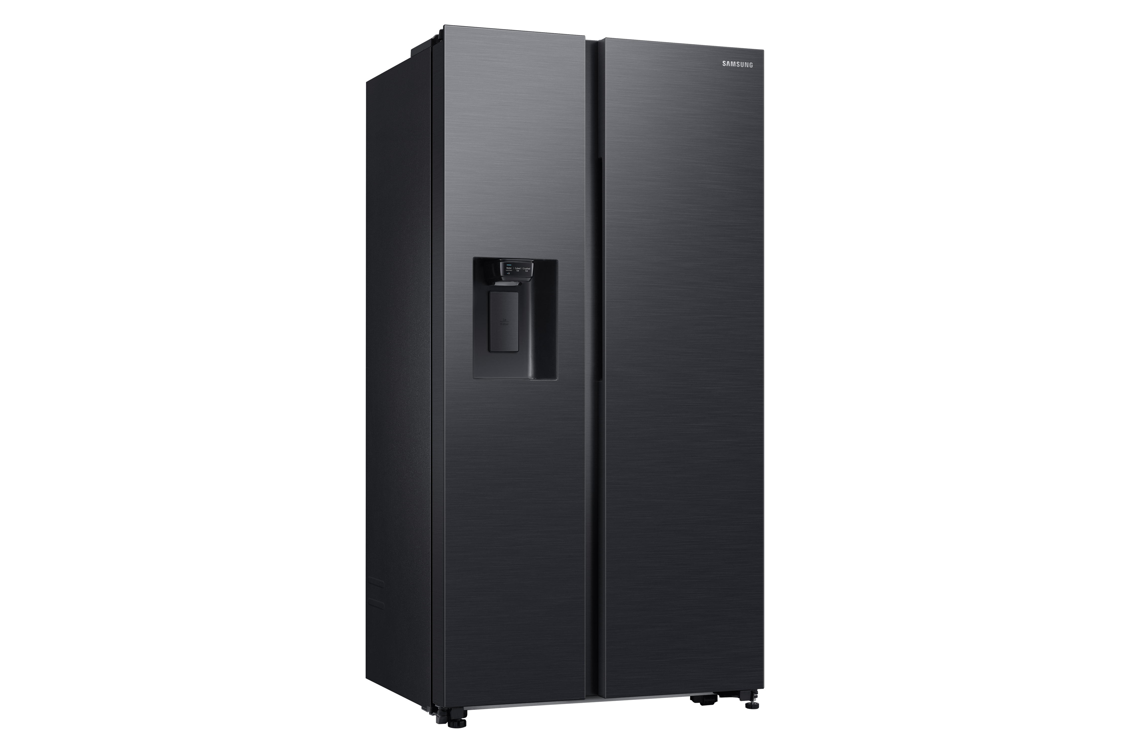 Schwarzer Side-by-Side-Kühlschrank von Samsung mit Wasserspender.