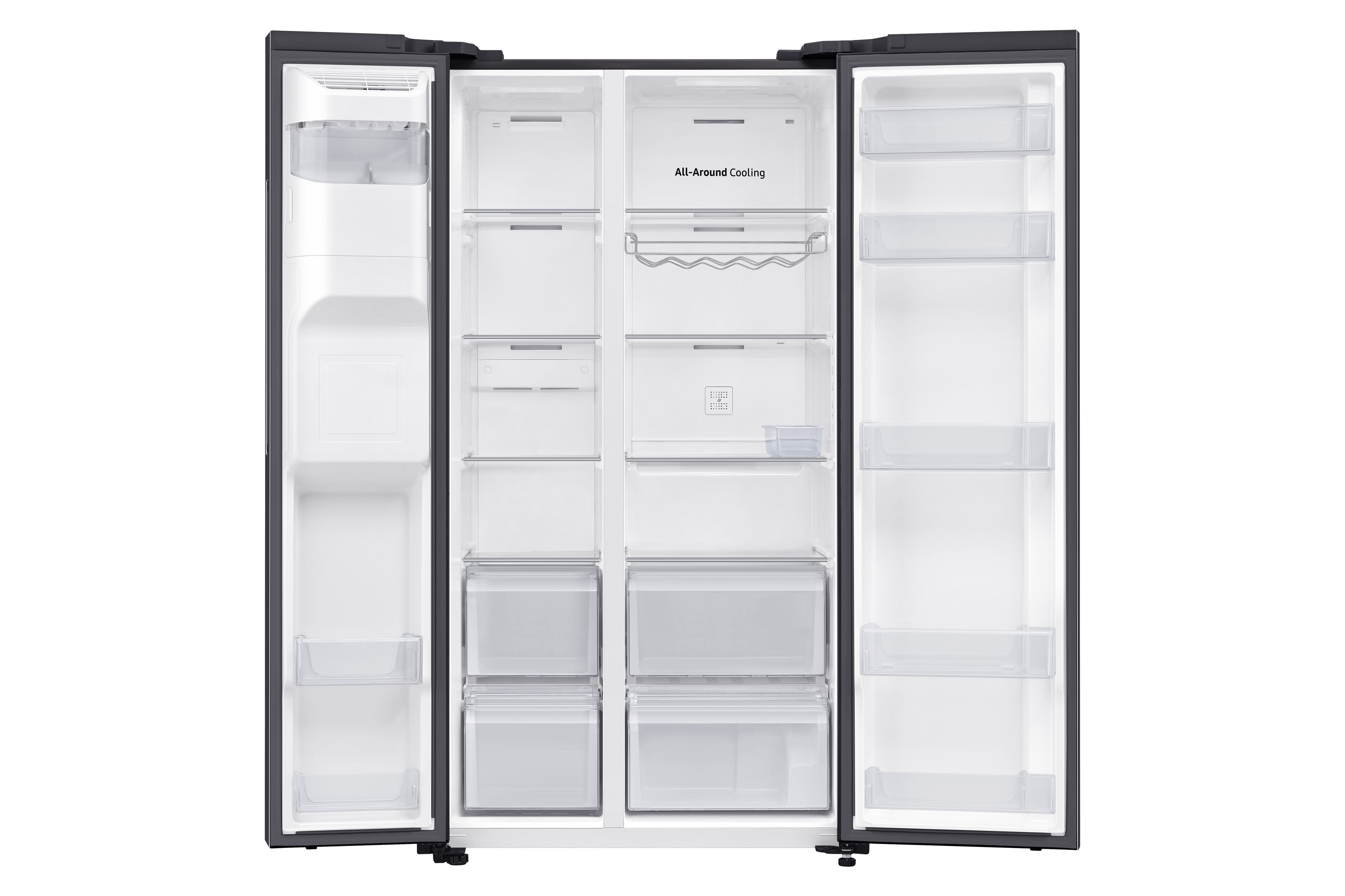 Offener schwarzer Kühlschrank, der mehrere Regale, Schubladen und Staufächer zeigt.