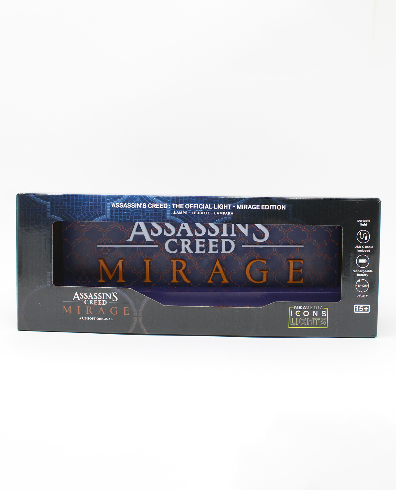 Eine schwarze und orangefarbene Box mit den Worten „Assassin's Creed Mirage“ auf der Vorderseite.