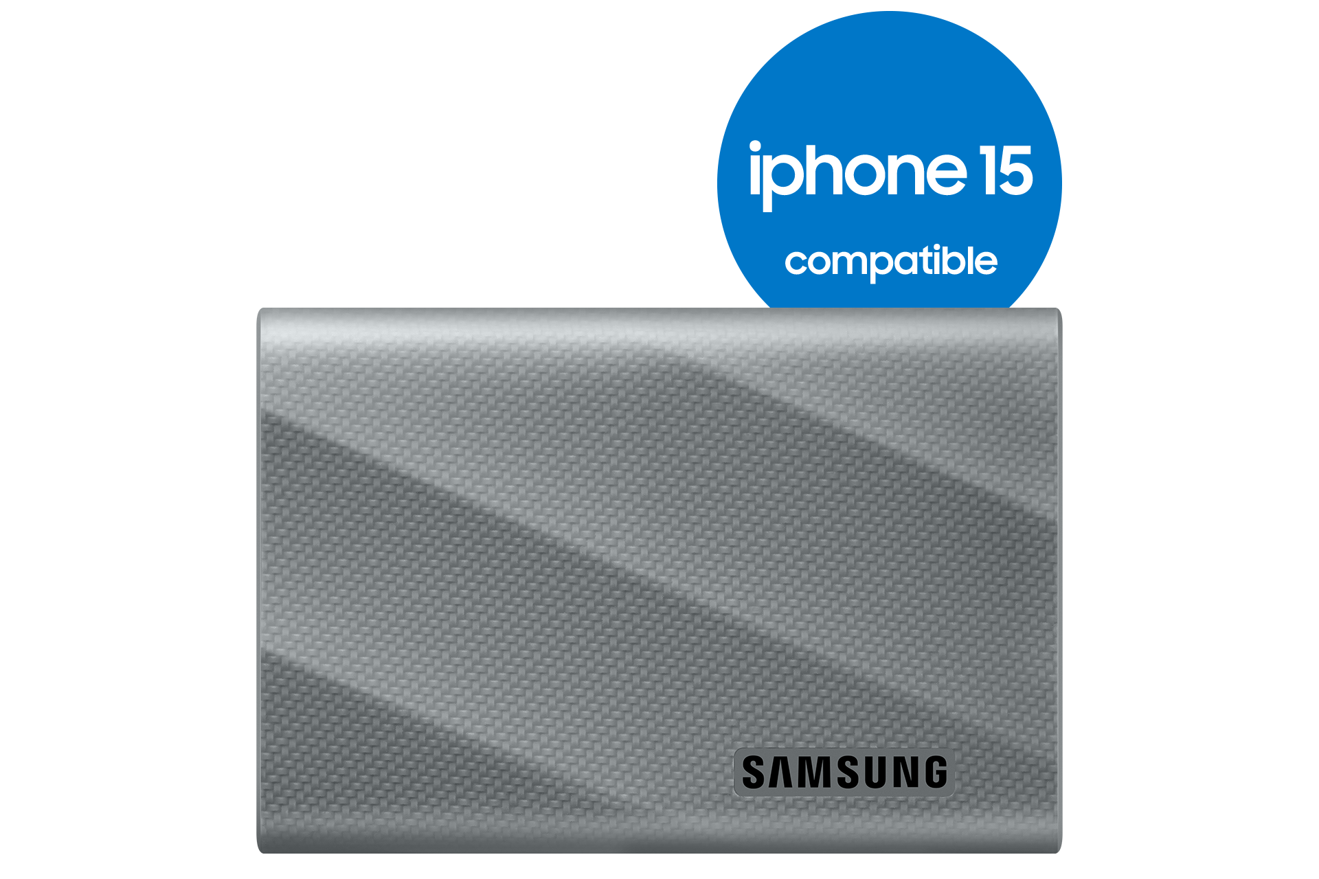 Disque dur portable argenté avec un cercle bleu indiquant : iphone 15 compatible.
