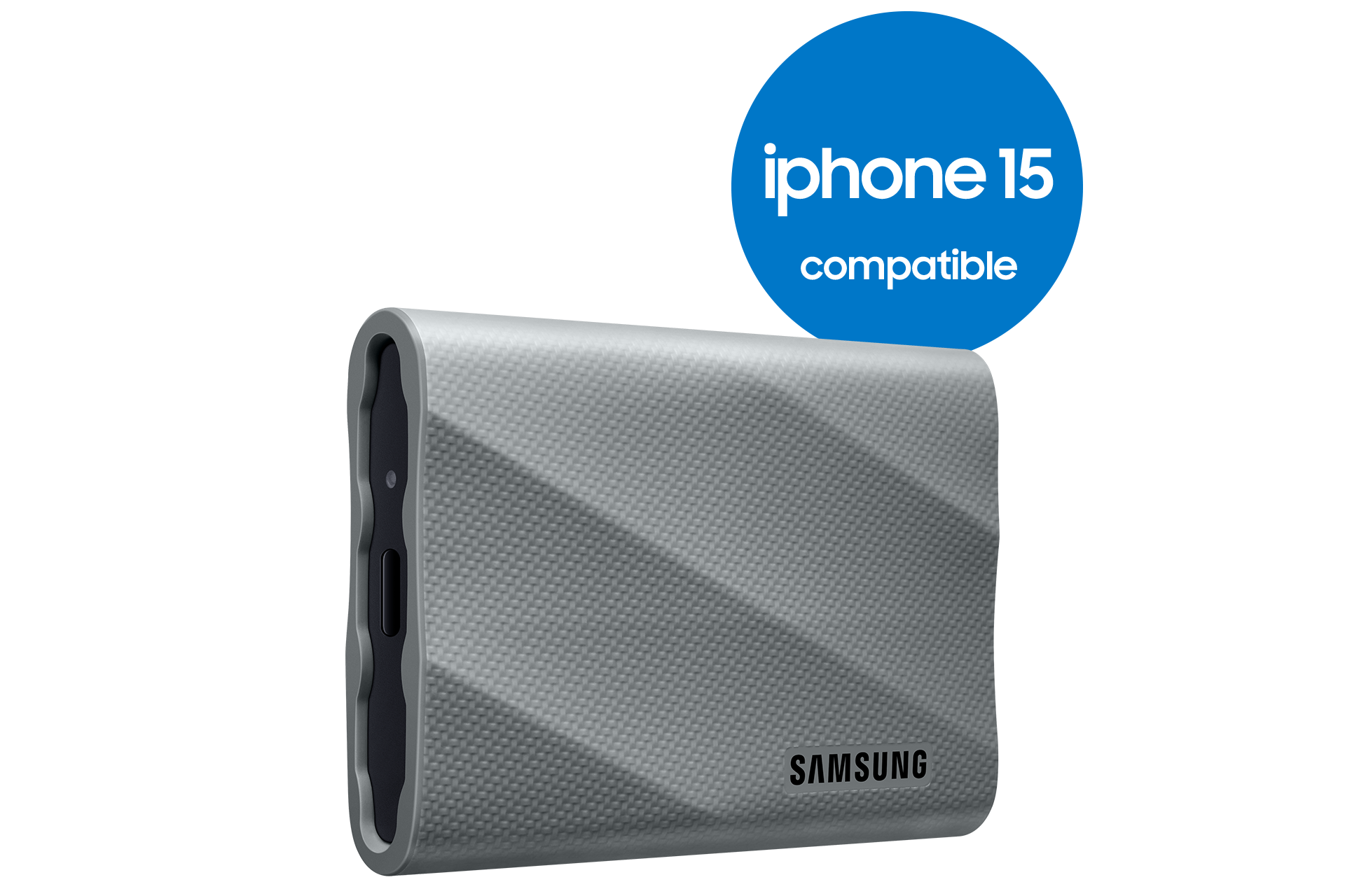 Disque dur portable gris avec le logo Samsung et un badge iPhone 15 bleu.
