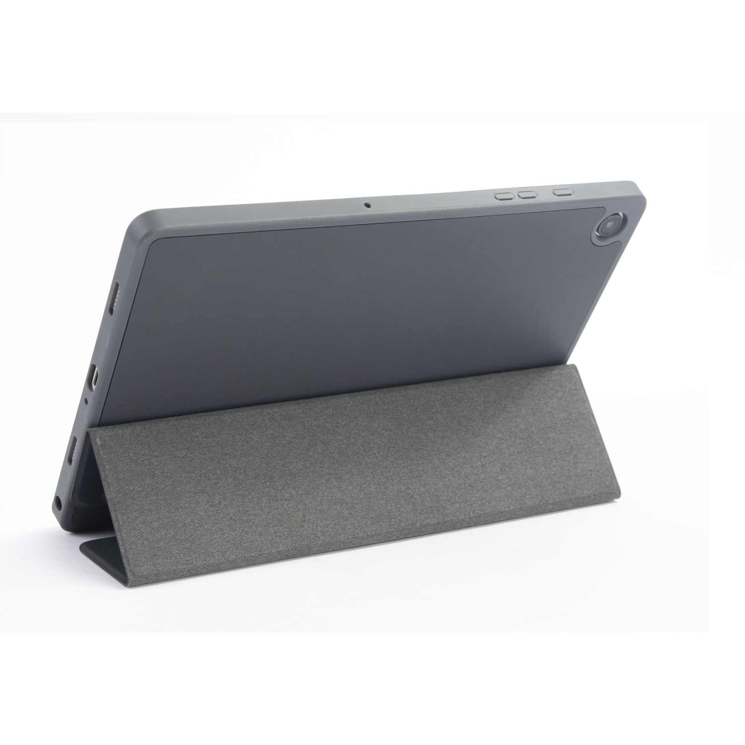 Gray tablet with a case on a white surface, angled.