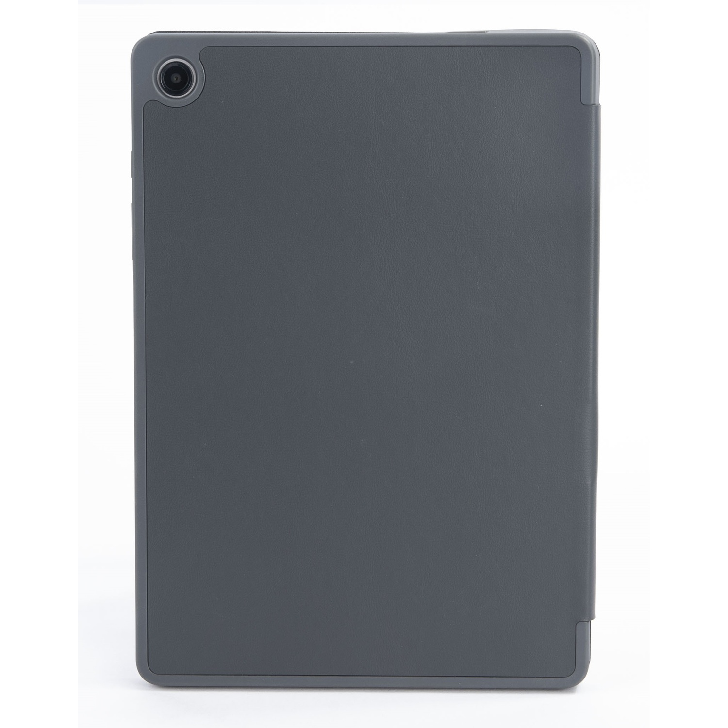 A gray tablet on a white background. A camera lens is visible.