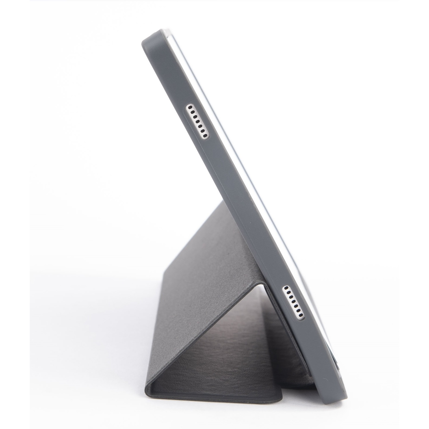 Gray tablet propped up in a gray case, angled on a white surface.