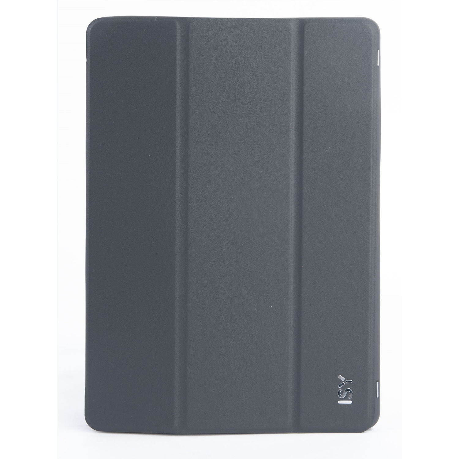 Dark gray tablet case, closed, with the ISI logo, white background.