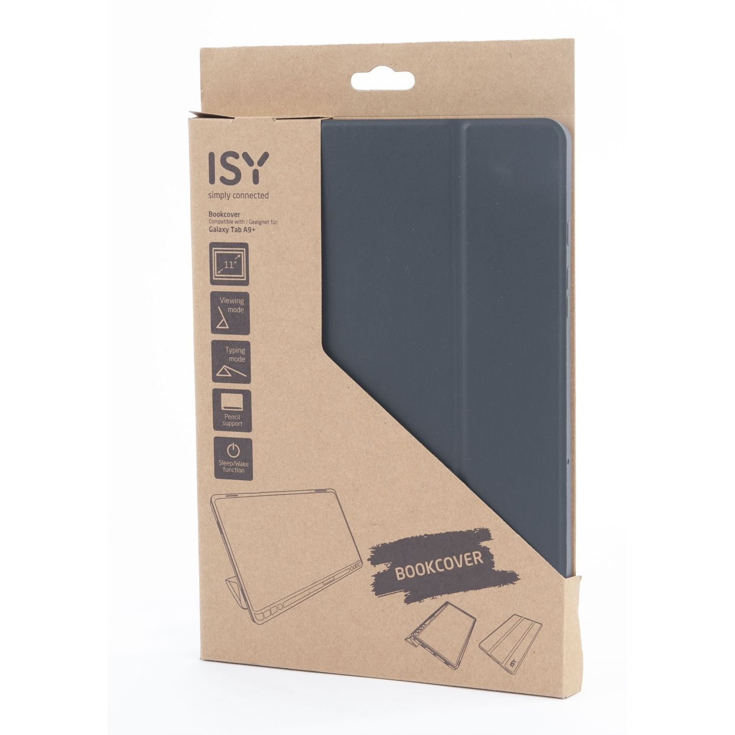 A tablet case with a cover, showing the case features. The case is grey.